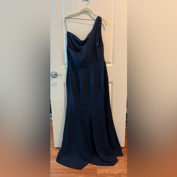 AFTER SIX 6849 Midnight Blue One Shoulder Draped Cowl Neck Maxi Bridesmaid Dress - Picture 5 of 16